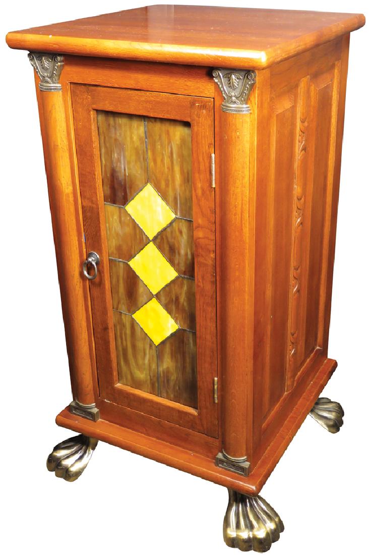 Contemporary Slot Machine Oak Cabinet: Contemporary Slot Machine Oak Cabinet with mahogany stain. Amber and yellow diamond leaded slag glass front with claw feet. 17 X 33 X 17 inches.