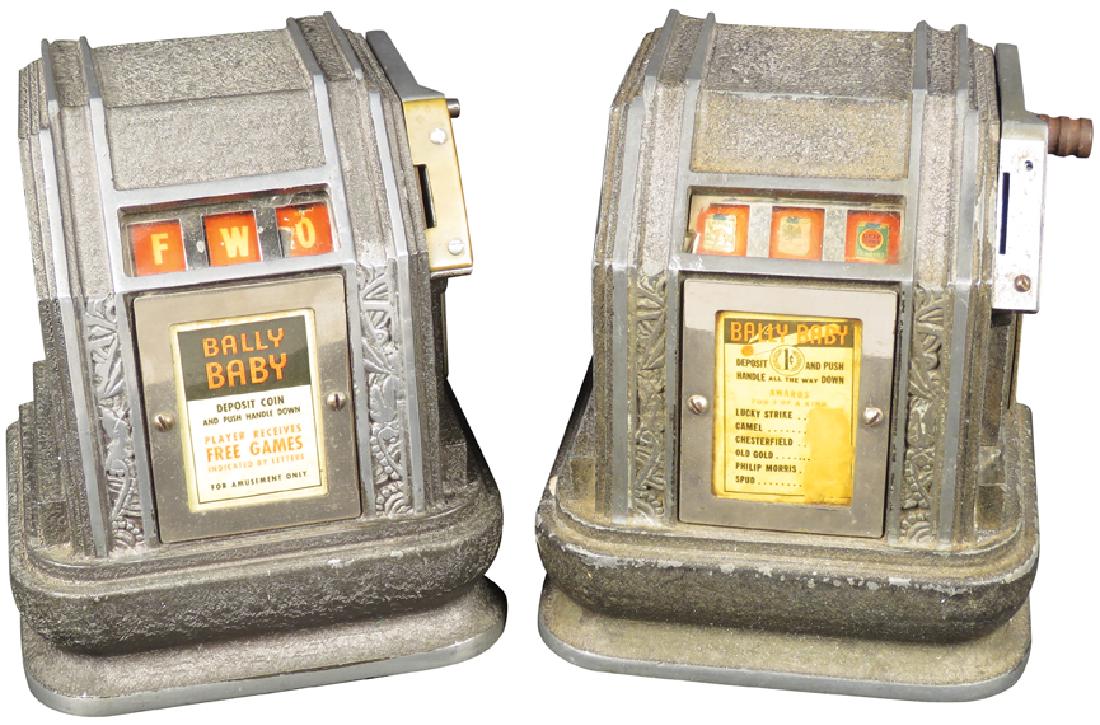 2 Coin Operated Bally Baby Trade Stimulators: Two Coin Operated 1 Cent Bally Baby Trade Stimulators. Original working condition. Come with keys. 6 X 7 1/4 X 5 inches.