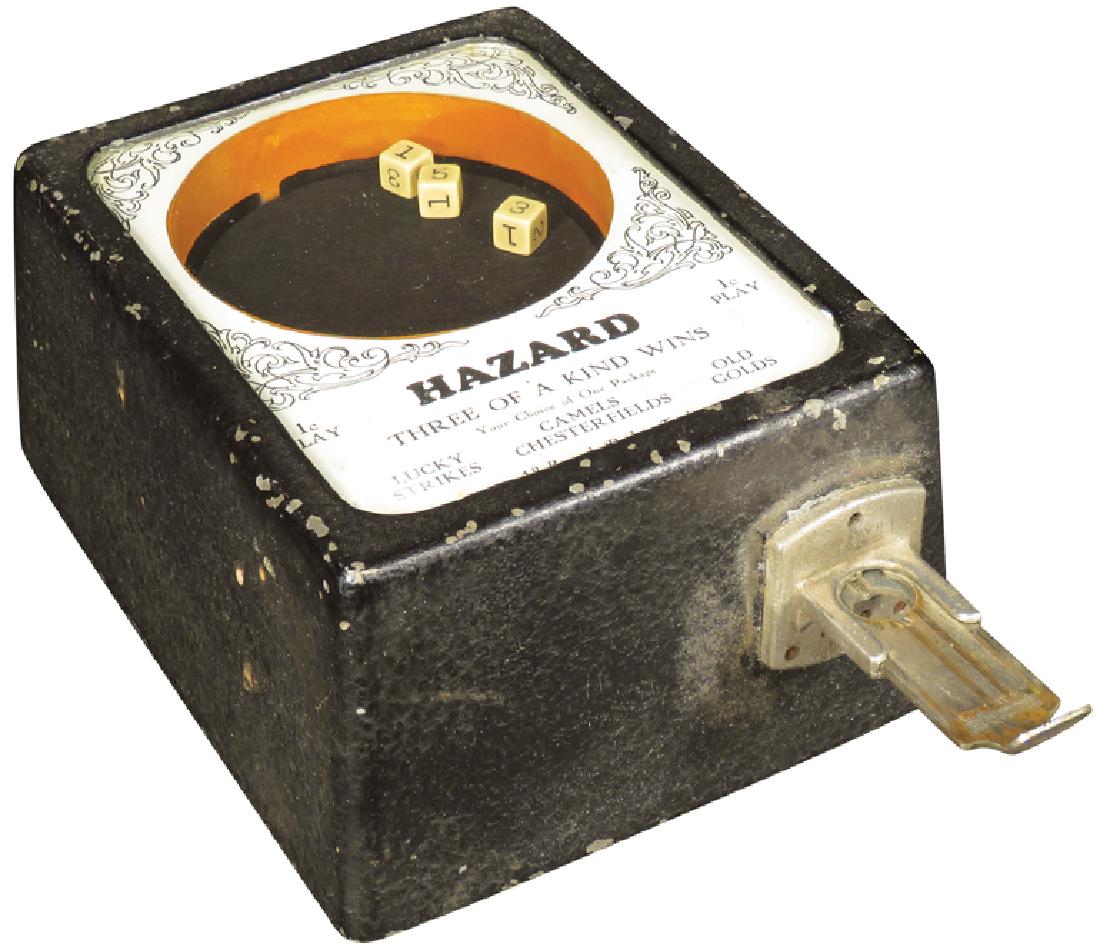 Hazard Coin Op Cigarette Trade Stimulator: Hazard Coin Operated 1 Cent Cigarette Trade Stimulator Dice GamE Original working condition. Comes with key. 6 3/4 X 5 X 13 inches.