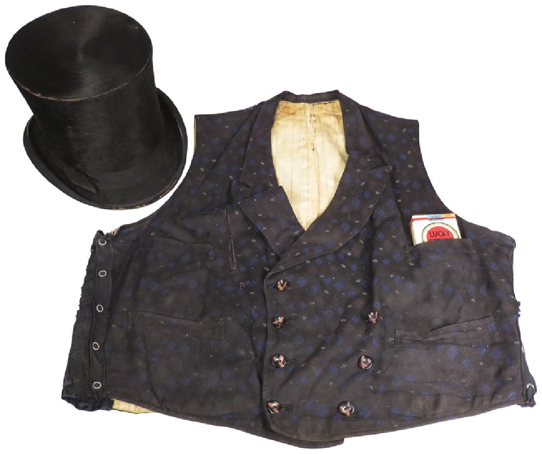 Gambler's Cheating Top Hat and Vest: Gambler's Cheating Top Hat and Vest. Beaver top hat with reflecting button on insidE Vest has been sewn to accommodate cheating tools of the tradE Overall fair to good original condition.