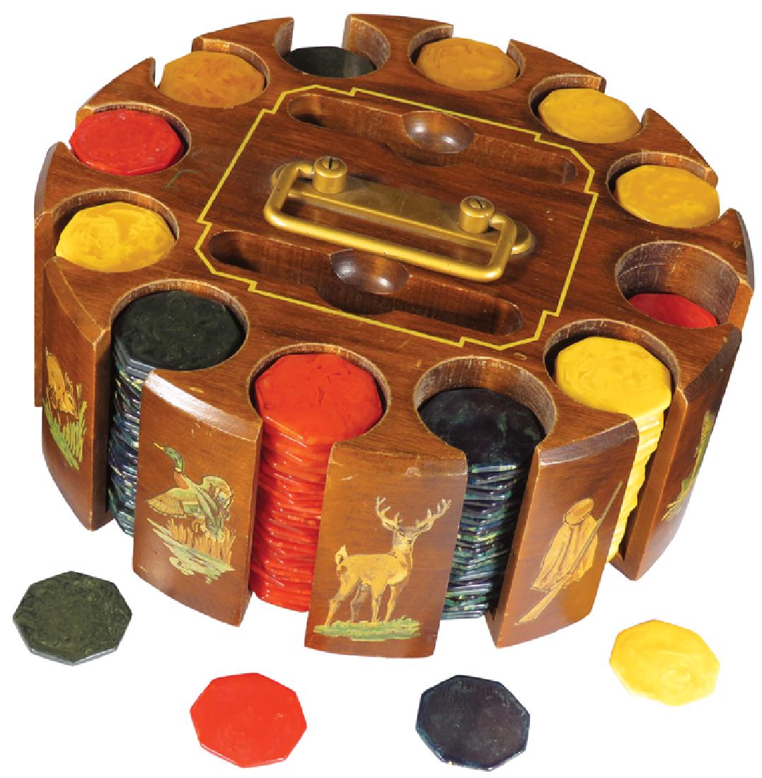 Vintage Hunting Motif Poker Chip/Card Caddy: Hunting Motif Poker Chip/Card Caddy. Original various hunting decals, wood with brass handlE Comes with early Bakelite chips. 9 1/4 inch diameter X 4 1/4 inches tall.