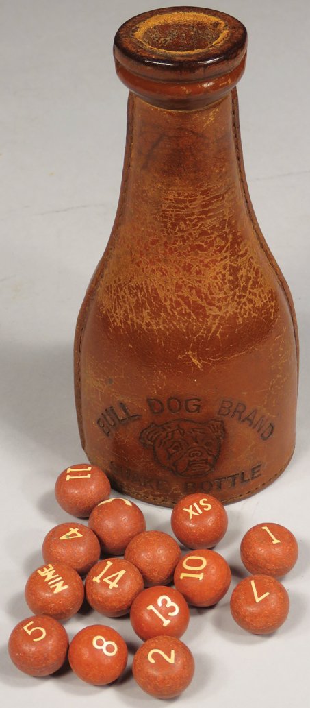 Bull Dog Brand Shake "Leather" Bottle: Bull Dog Brand Shake "Leather" Bottle for pocket billiards. The Brunswick Balke Collender Co. MfG 6 inches tall.