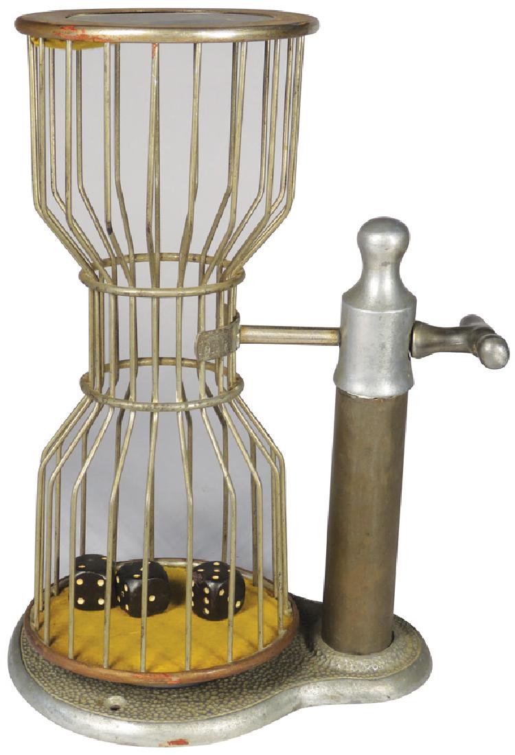 Nickel Plated Chuck-A-Luck Dice Cage: Nickel Plated Chuck-A-Luck Dice CagE Yellow felt, ebony dice with cast hammered aluminum basE 11 1/2 inches tall.