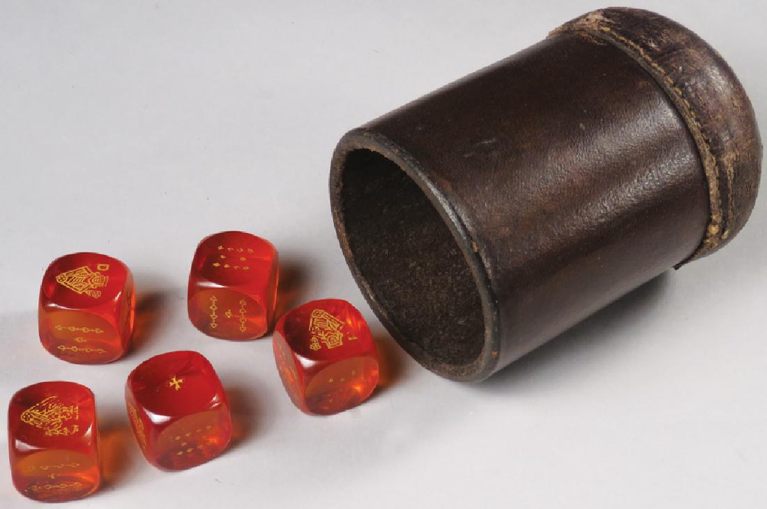 Antique Leather Dice Cup and Poker Dice: Antique Leather Dice Cup and Clear Red Poker DicE 2 1/2 inch diameter X 3 3/8 inches tall.