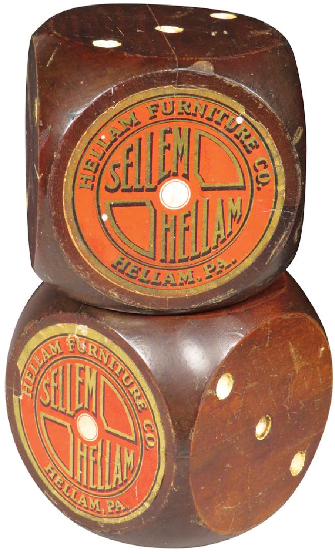 Oversized Promotional Wood Dice: Oversized Promotional Wood DicE "Sellem Hellam", Hellam Furniture Co. Hellam, PA Approx. 3 1/4 inch squarE