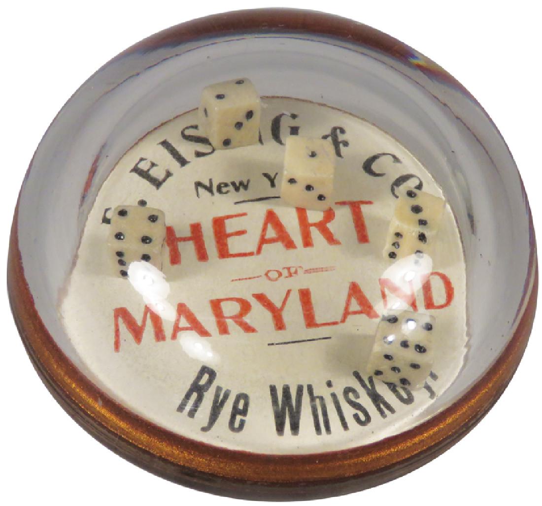 Advertising Dice Game Glass Paper Weight: Advertising Dice Game Glass Paper Weight. E Eising & Co. New York. Heart of Maryland Rye Whiskey. 3 inch diameter.