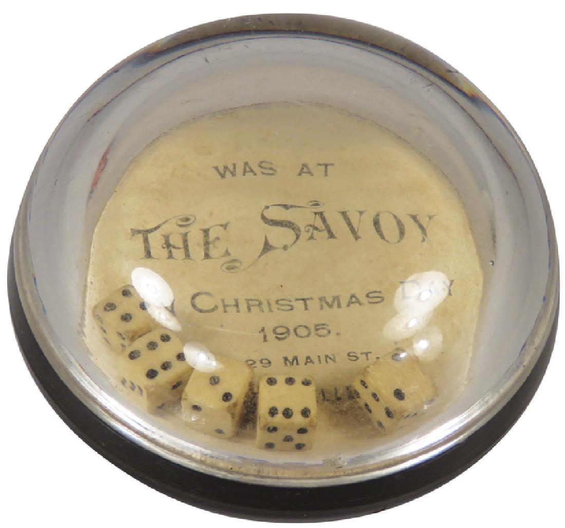 Advertising Dice Game Glass Paper Weight: Advertising Dice Game Glass Paper Weight. Souvenir Christmas Day 1905 "The Savoy". 3 inch diameter.