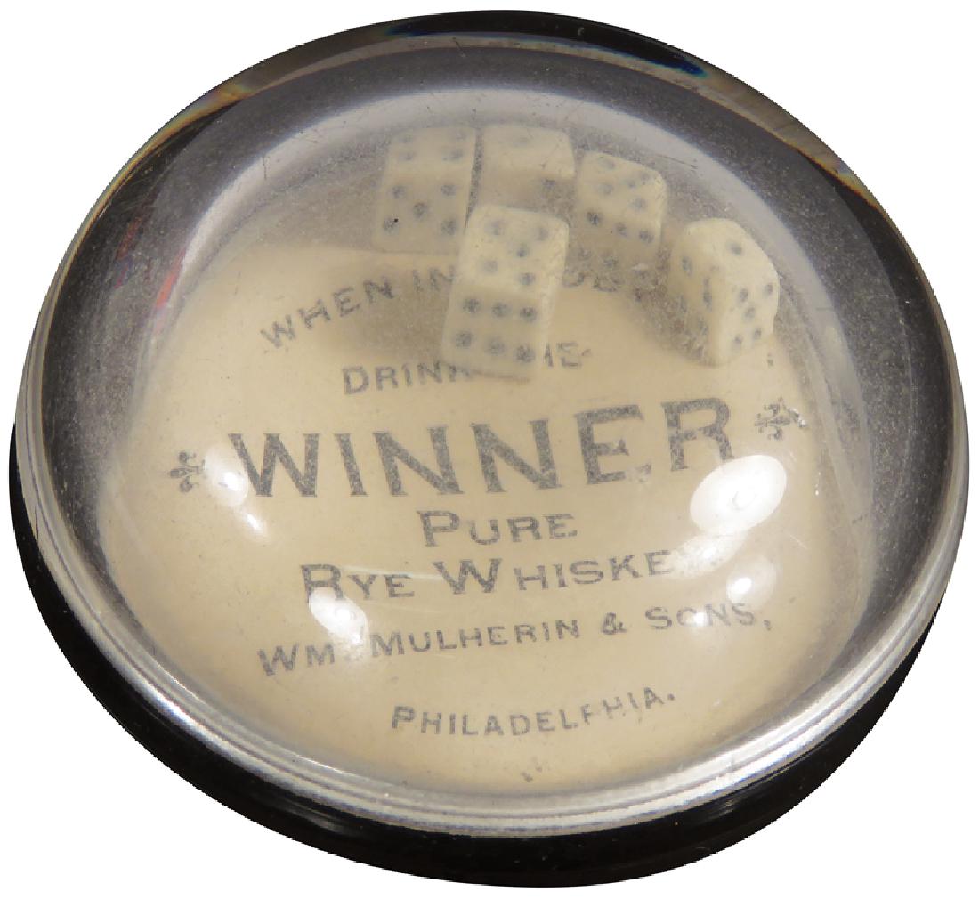 Advertising Dice Game Glass Paper Weight: Advertising Dice Game Glass Paper Weight. Winner Pure Whiskey. Wm. Mulherin & Sons, PhiladelphiA 3 inch diameter.