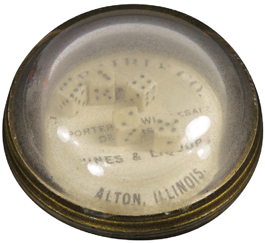 Advertising Dice Game Glass Paper Weight: Advertising Dice Game Glass Paper Weight. Baible Co. Wines and Liquor, Alton, Ill. 3 inch diameter.