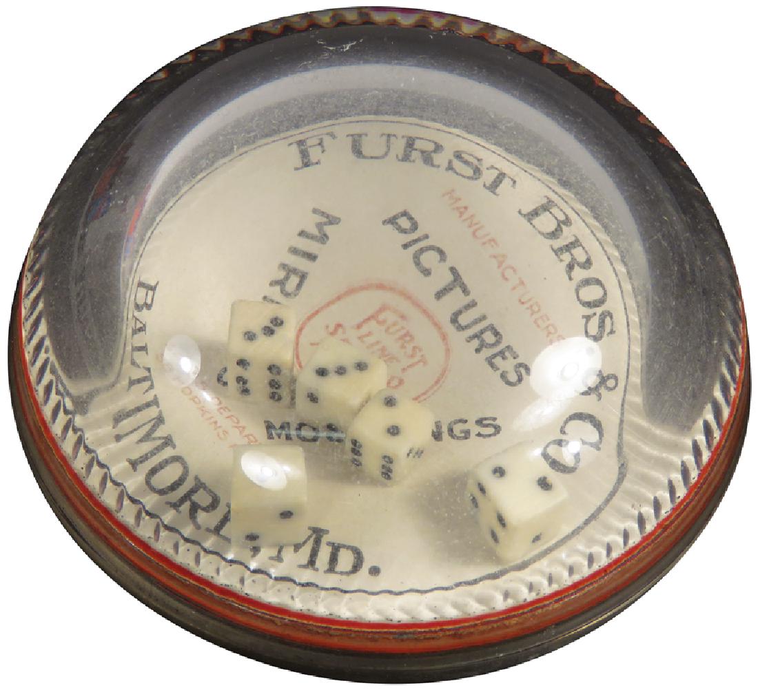 Advertising Dice Game Glass Paper Weight: Advertising Dice Game Glass Paper Weight. Furst Bros. & Co. Pictures, Mirrors and Moldings. Baltimore, MD 3 inch diameter.