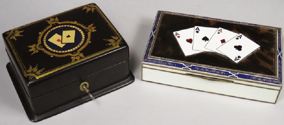 Two Antique Card Suit Motif Trinket Boxes: Two Antique Card Suit Motif Trinket Boxes. Enameled wood box, original tag from Fancy Goods Store of Joseph L Bates, Boston. Cloisonné and tortoise metal box, crack on liD Largest measures 5 3/4 X 1 