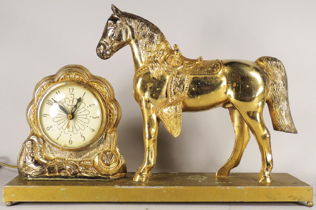 United Metal Goods Mfg. Western Clock: United Metal Goods Mfg. Western Clock, Brooklyn NY. Western horse statue with cowboy motif around clock frame. Great vintage western piece, not in working condition. 16 X 11 X 4 inches.