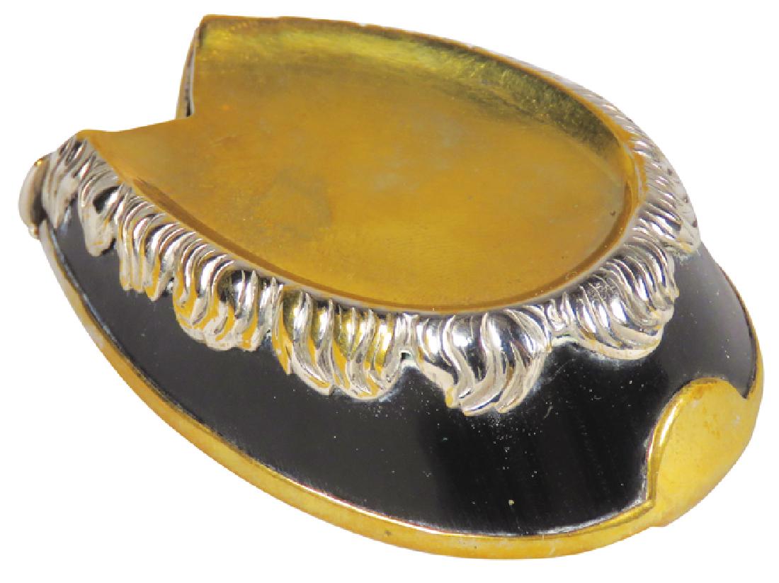 Antique Horse Hoof Figural Match Holder: Antique Horse Hoof Match Holder. Enamel with nickel and brass. 1 1/2 X 2 1/4 inches.