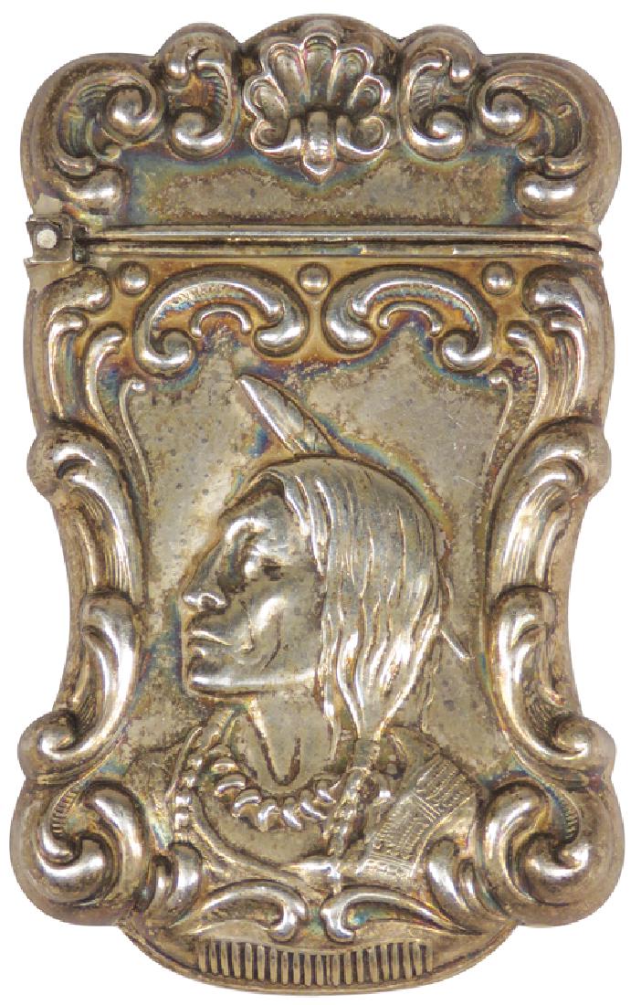 Sterling Silver Indian Motif Match Safe: Sterling Silver Indian Motif Match Safe. High relief repose with Native in profile, JGB monogram on back. Excellent condition. 1 1/2 X 2 1/2 inches.