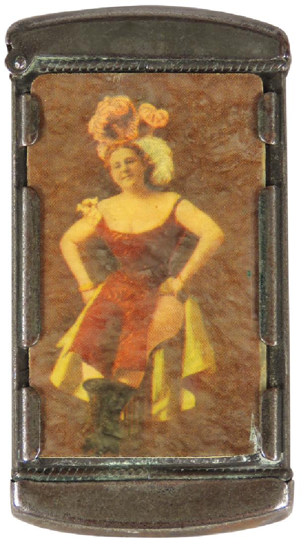 Celluloid Advertising Match Safe: Celluloid Advertising Match Safe. Celluloid card sides. Compliments of Felix Bros. Cigars and Tobacco and pretty woman. Nickel plated brass. 1 1/2 X 2 7/8 inches.
