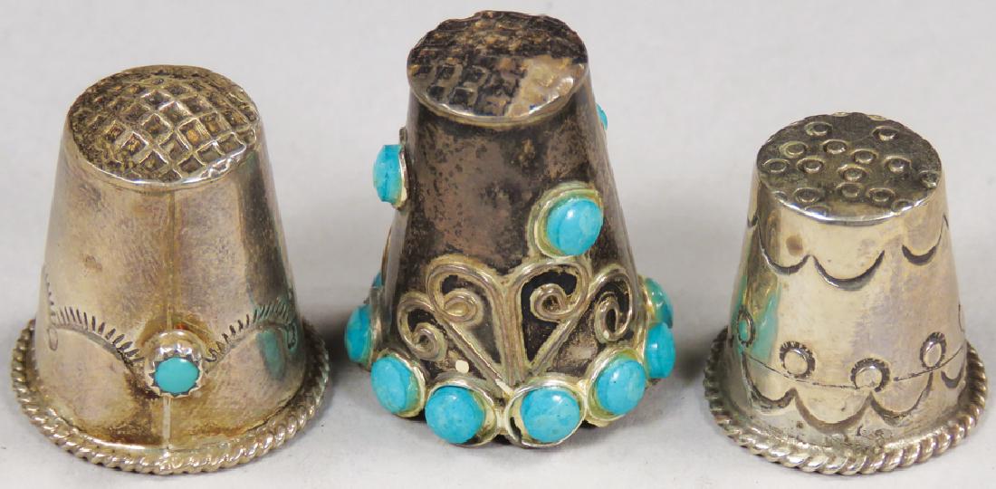 Collection of Sterling Silver and Turquoise Thimbles: Collection of Sterling Silver and Turquoise Thimbles. Two have turquoise bead trim, the smallest engraved only.