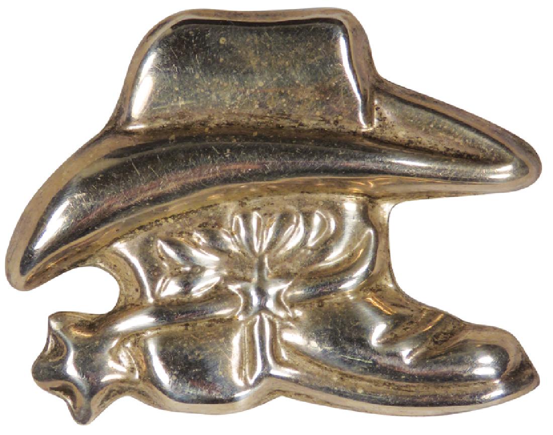 Vintage Mexican Sterling Silver Hat & Boot Pin: Vintage Mexican Sterling Silver Cowboy Hat & Boot Pin. Hallmark on back. 2 X 1 1/2 inches.