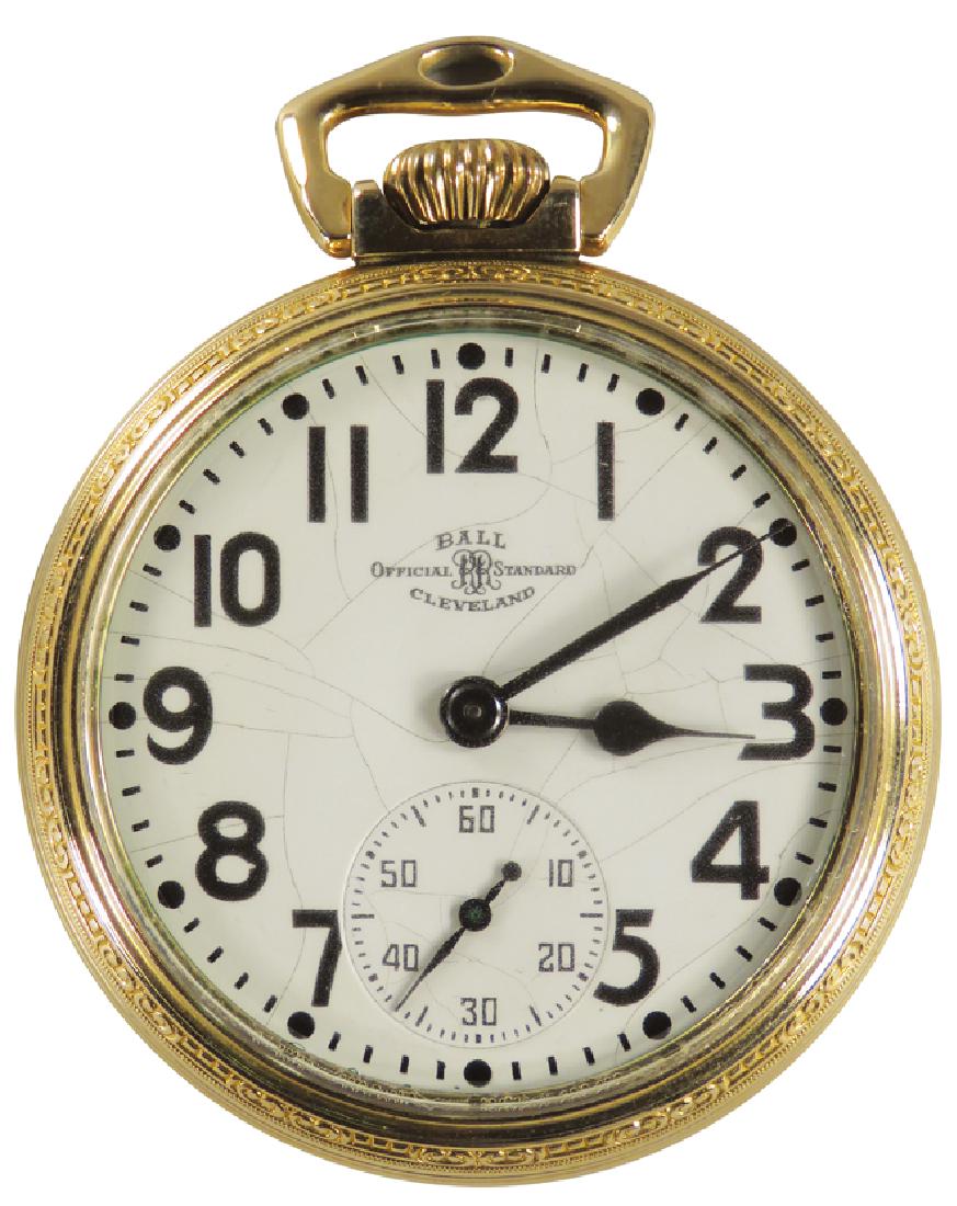 Ball Official Standard Railroad Pocket Watch: Ball Official Standard Pocket Watch, made by Hamilton in 1902. 10k Gold filled case. Adjusted 6 positions, lever set. 21 jewels/16 size. Serial 999B/case 92237. Crazing on dial.