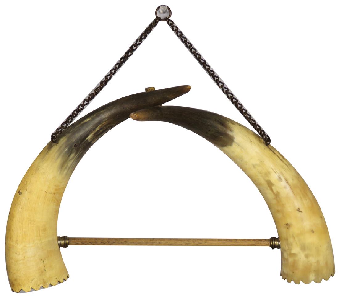 Antique Western Horn Towel Bar: Antique Western Horn Towel Bar, chain hanging. Scalloped edges at top of horns. Good original condition. 14 1/2 X 9 inches.