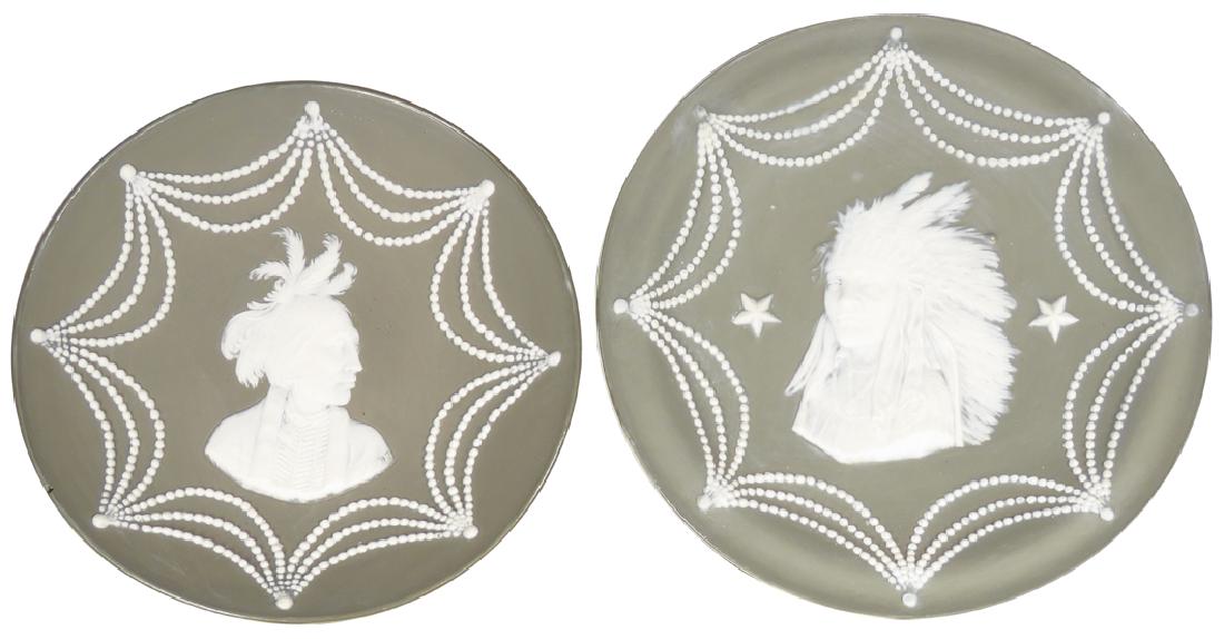 Two Sage Green Jasperwear Porcelain Bowls: Two Sage Green Jasperwear Porcelain Shallow Bowls. Depicting Native Chief and Brave. Small chip at 8:00 on the bowl with brave otherwise overall very good condition. 7 and 6 1/2 inch diameter.