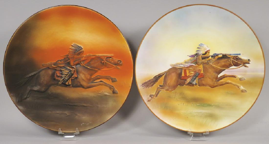 Noritake and Nippon Porcelain Plates: Noritake and Nippon Porcelain Plates with high relief Native American on horse. Multi plate is Nippon, no chips or cracks. 10 1/2 inch diameter.