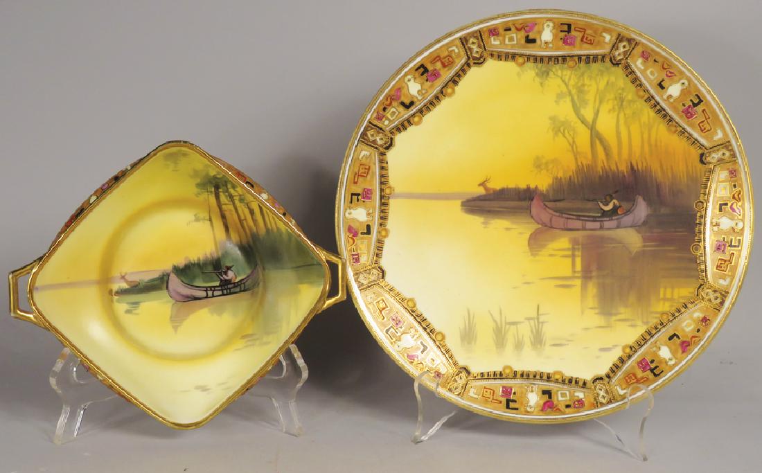 Two Nippon Hand Painted Porcelain Items: Two Nippon Hand Painted Porcelain Items. Hanging plate and handled dish. Native Indian in canoe motif. No chips or cracks. Plate measures 10 inch diameter.