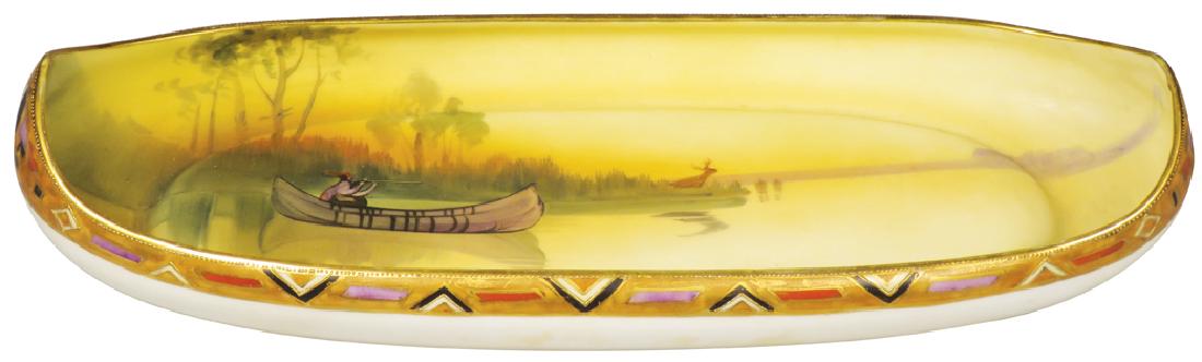 Oblong Nippon Hand Painted Porcelain Dish: Oblong "Canoe shaped" Nippon Hand Painted Porcelain Dish. Native Indian in canoe motif. No chips or cracks. 12 X 4 1/4 X 2 inches.