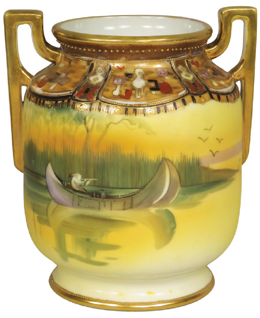 Nippon Hand Painted Porcelain Vase: Nippon Hand Painted Porcelain Vase. Native Indian in canoe motif. No chips or cracks. 6 1/4 inches tall.