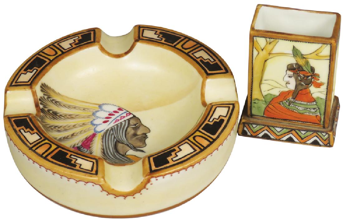 Nippon Hand Painted Porcelain Ashtray: Nippon Hand Painted Porcelain Ashtray and Match Holder. Native Indian motif. Stress cracks in tray otherwise overall good condition, measures 5 inch diameter.