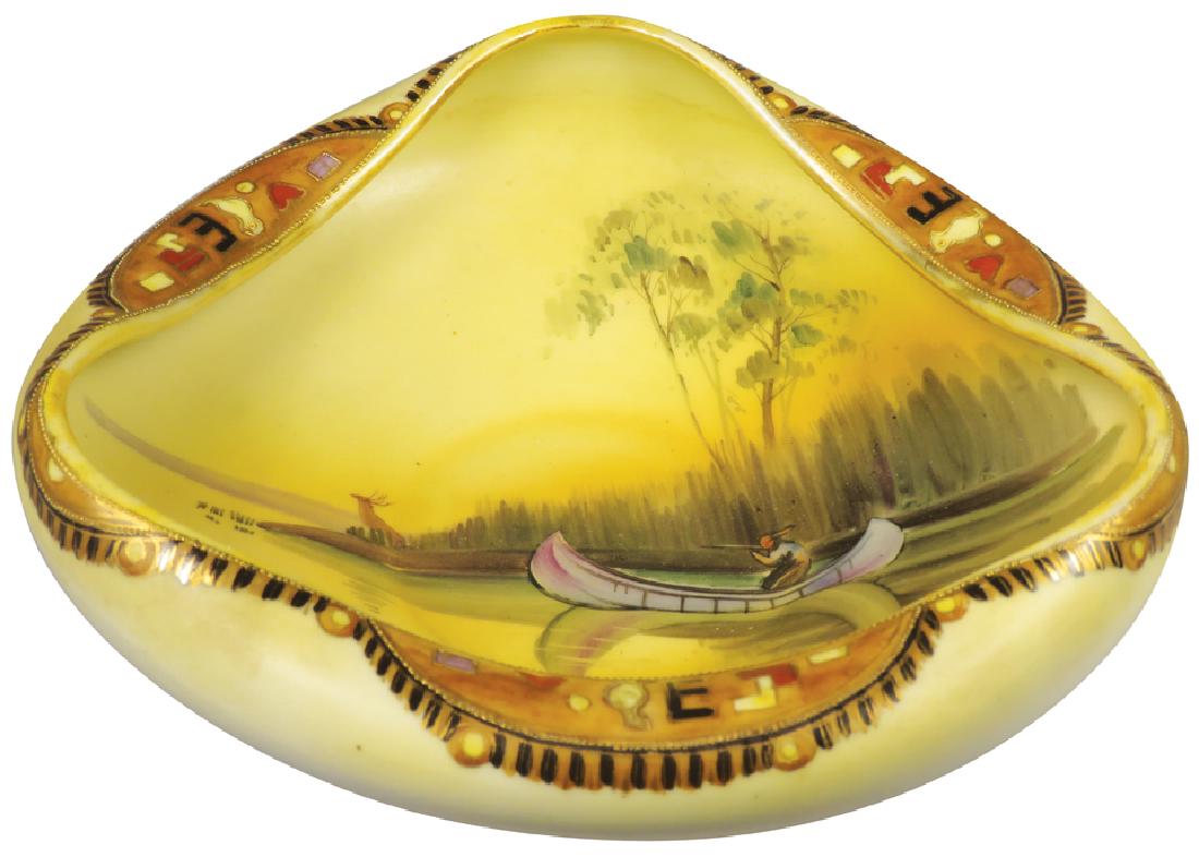 Nippon Hand Painted Porcelain Dish: Nippon Hand Painted Porcelain Dish. Folded pinched edges. Native Indian in canoe motif. 7 1/2 X 2 1/2 inches.