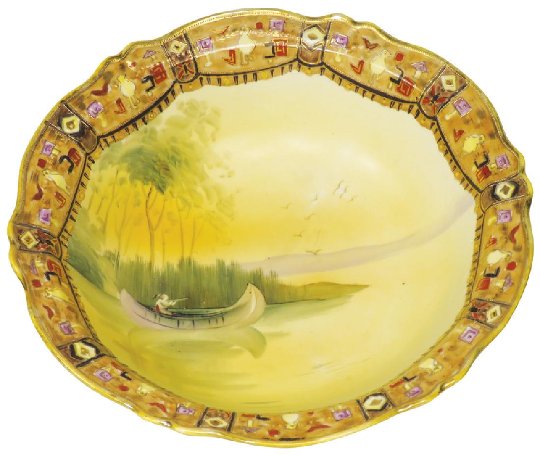 Nippon Hand Painted Porcelain Bowl: Nippon Hand Painted Porcelain Bowl. Native Indian in canoe motif. No chips or cracks. 10 1/2 inch diameter X 3 inches deep.
