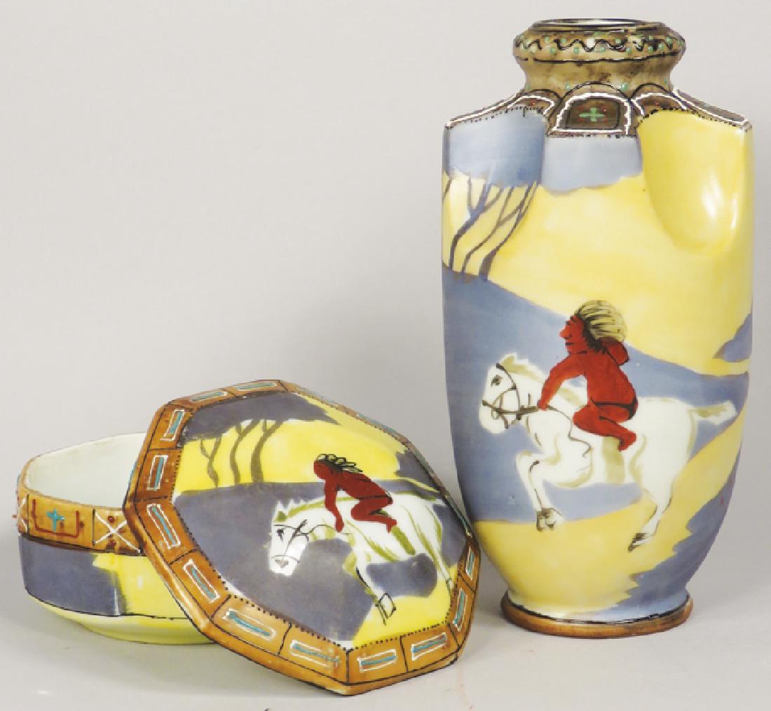 Hand Painted Nippon Porcelain Vase: Hand Painted Nippon marked "Japan" Porcelain Vase and Trinket Box. Nippon style with Indian on white horse. No chips or cracks. Vase measures 7 inches tall.