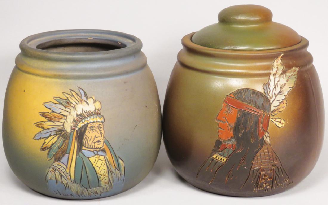 Weller Dickensware Art Pottery Tobacco Jars: Weller Dickensware Art Pottery Tobacco Jars. Depicting Native American Indian motif. Marked X176-12 and X176-5 w/o lid. No chips or cracks. Tallest measures 6 3/4 inches tall.