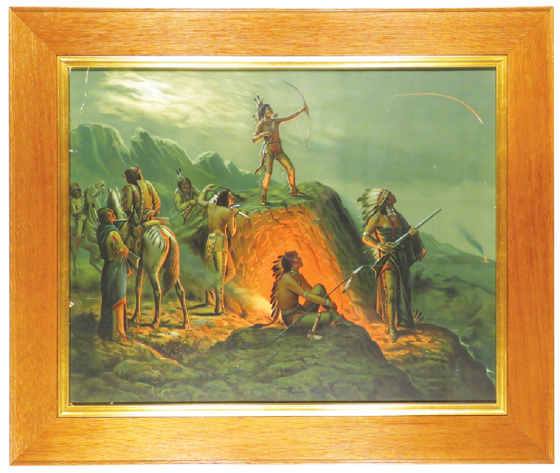 Native American Indian Image Early Print: Native American Indian Image Early Print, ca. 1900. Indians gathered around glowing fire, shooting flaming arrows. Tears on left perimeter otherwise very good condition. Framed under glass. 25 1/2 X 1