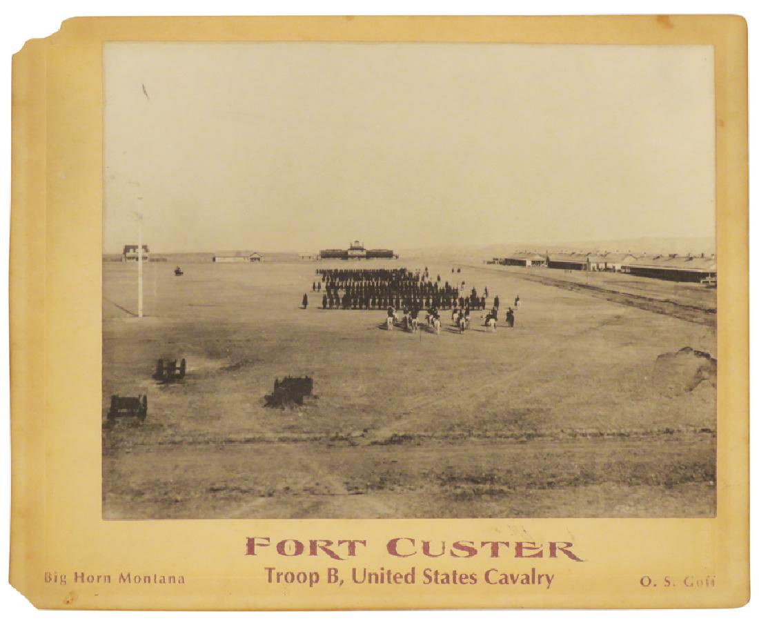 Ca. 1892 Original Albumen Print Fort Custer: Ca. 1892 Original Albumen Print Fort Custer. Depicting United States Cavalry, Troop B, Big Horn Montana. Chips on matting corners. 10 X 8 inches.