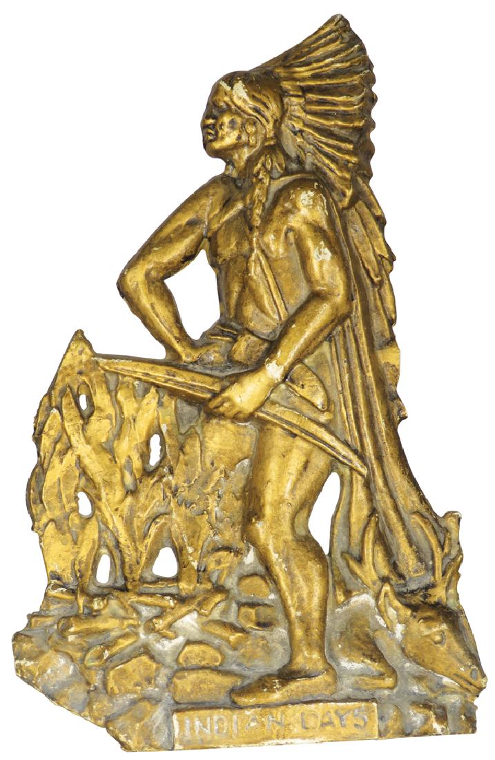 "Indian Days" Cast Iron Door Stop: Indian Days Original Cast Iron Door Stop. Most original brass colored paint intact. 7 1/2 X 12 inches.