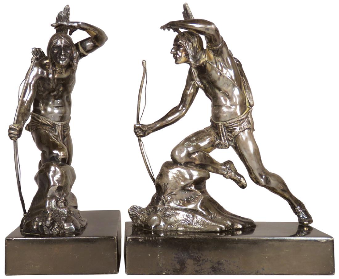 The Scout Silver Plated Bookends: The Scout Silver Plated Bookends. Depicting Native American Indian. Marked W.B. Mexico 769. 7 X 9 X 3 3/4 inches.