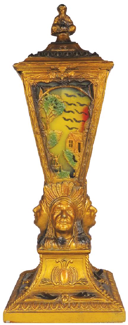 Antique White Metal Table Lamp: Antique White Metal Table Lamp. Great Native Indian figural décor with glowing glass inserts. Excellent working condition. 17 inches tall.
