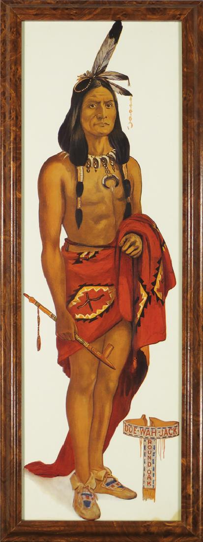 Round Oak Stoves Paper Advertising Sign: Round Oak Stoves Paper Advertising Sign. Depicting Doe-Wah-Jack. Discoloration bottom right corner otherwise very good condition, framed under glass. 7 1/4 X 22 1/2 inches image only.