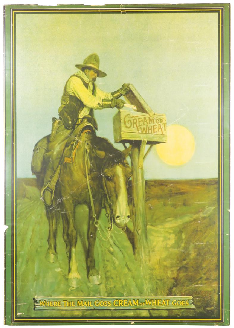 Cream of Wheat sign: Cream of Wheat sign depicting cowboy on horse at mailbox. Cardboard entitled "Where the mail goes, Cream of Wheat goes". Very desirable image for Western collectors. 29 x 41 1/2 Inches.