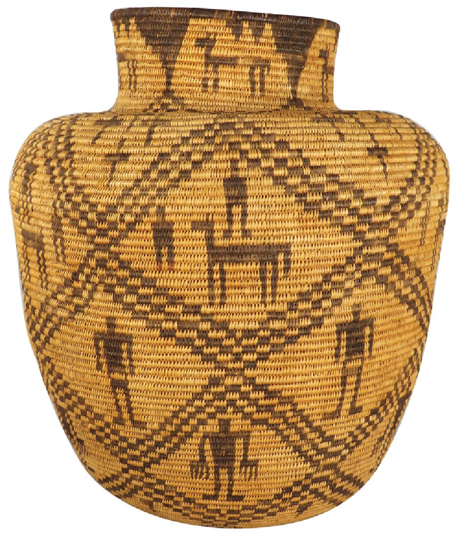 Antique Native American Woven Olla Basket Jar: Apache Pictorial Olla Jar, ca. 1915. Triple stepped diagonal bands, framing panels of horses, cruciforms and humanoids. Material willow and martynia on willow rod foundation. 16 inch diameter X inch d