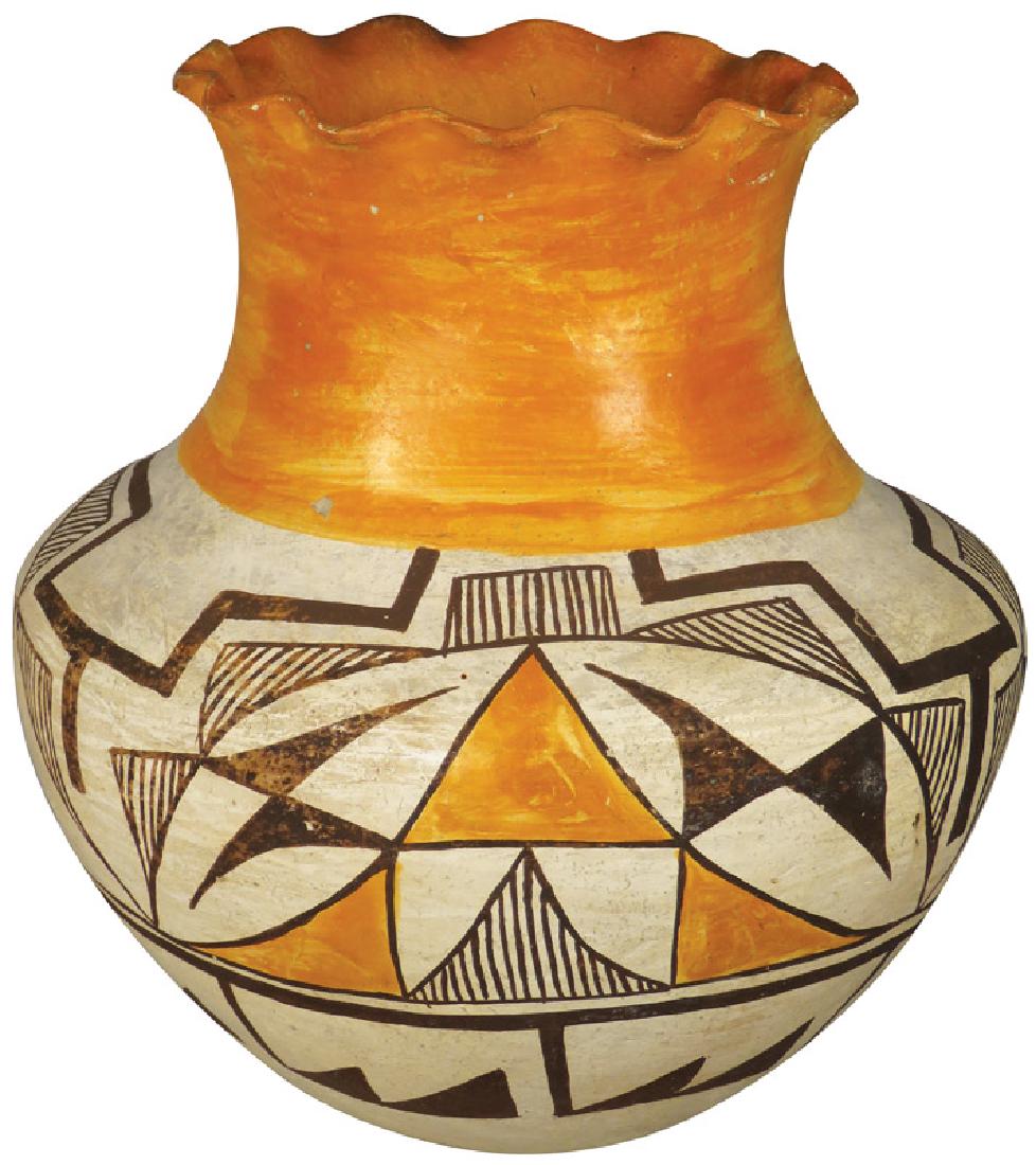 Acoma Pottery Olla: Acoma, New Mexico Pottery Olla, ca. 1920-30's. Diamond pyramid design. Age discoloration otherwise good condition. 8 inch diameter X 8 1/2 inches tall.