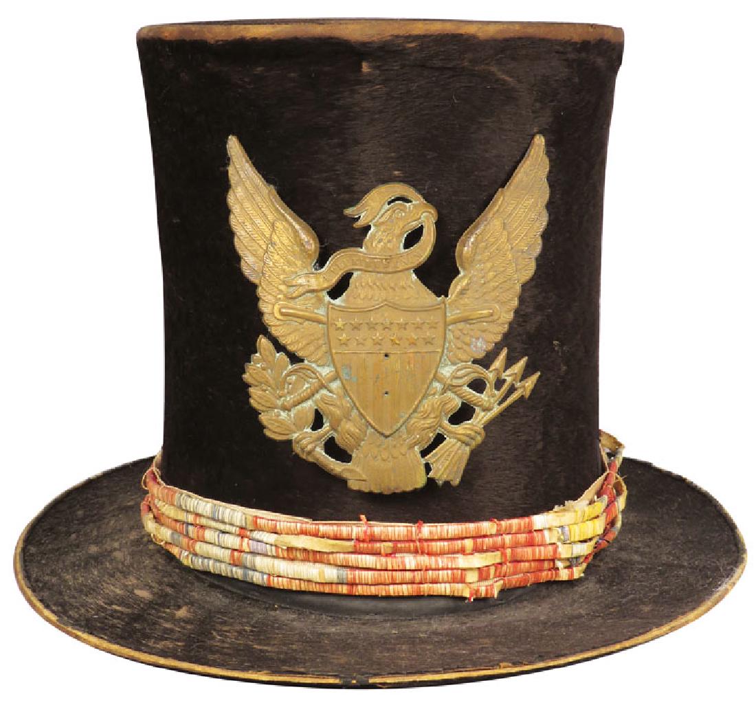 Rare 19th Century Beaver Sioux Indian Top Hat: Extremely Rare 19th Century Beaver Skin Sioux Indian Top Hat. Quillwork Hatband. Embossed U.S. Calvary Insignia. Very Good original condition.