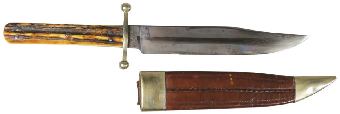 J. Rogers & Sons Stag Handle Knife: J. Rogers & Sons Stag Handle Knife. Sheffield, England, hallmark on back. Silver collar and tipped leather sheath. 7 inch blade.
