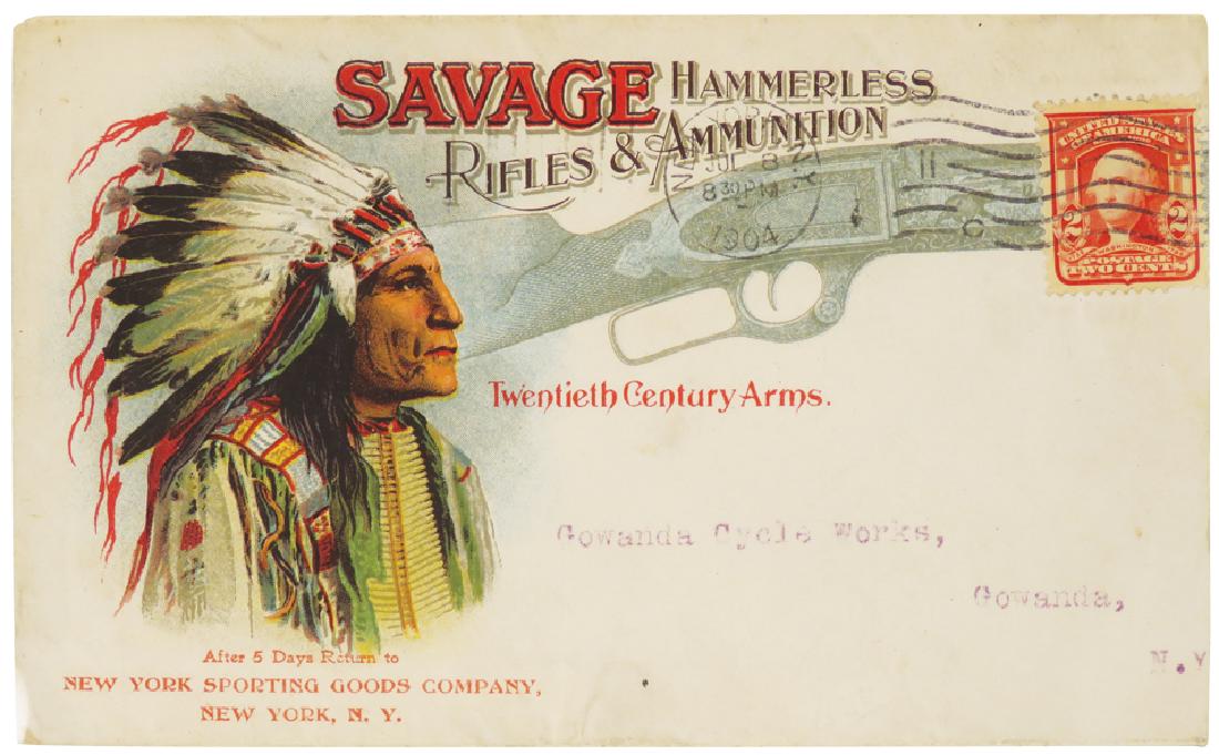 1904 Savage Hammerless Rifles Envelope Cover: 1904 Savage Hammerless Rifles Envelope Cover. Beautiful graphics with 1904 New York & Gowanda, NY Postmark.