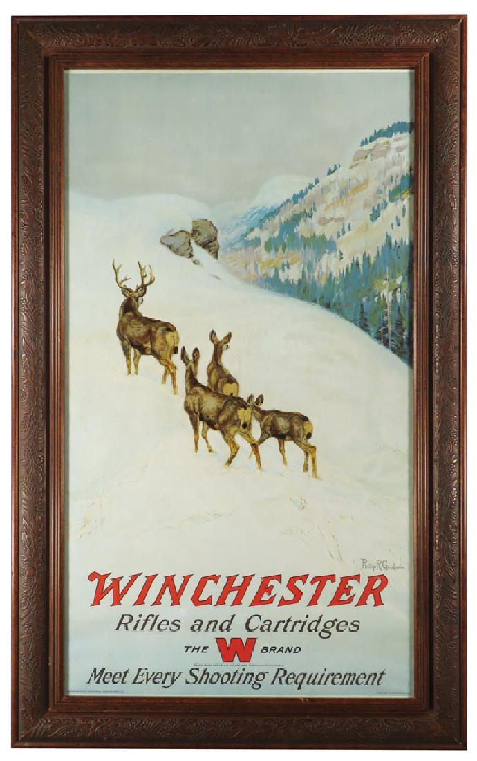 1912 Winchester Repeating Arms Co. Paper Poster: 1912 Winchester Repeating Arms Co. Paper Poster. Phillip R. Goodwin artist. Depicting deer in the snow. Original bands top and bottom. Excellent condition, framed under glass. 16 X 29 1/2 inches image