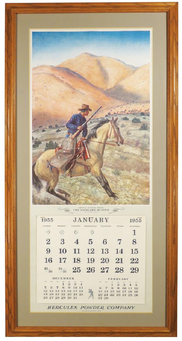 1955 Calendar for Hercules Powder Company: 1955 Calendar for Hercules Powder Company. American Sporting Scenes entitled, "The Antelope Hunter" by artist Peter Hurd. Full pad, framed under glass. 12 3/4 X 29 1/2 inches image only.