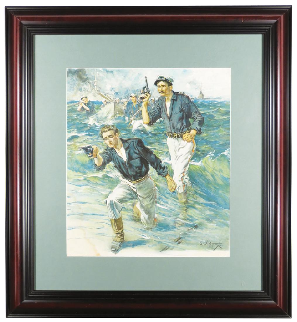 G.W. Peters Print for Smith & Wesson Firearms: G.W. Peters Print for Smith & Wesson Firearms. Springfield, Mass. Entitled, "The Attack", 1902. Water stain at left perimeter otherwise very good condition. Framed under glass. 13 1/4 X 15 1/4 inches 