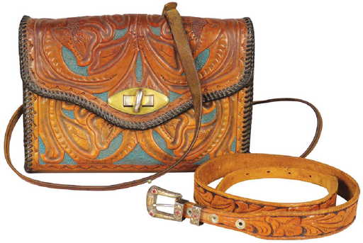 Vintage Hand Tooled Leather Bag And Belt