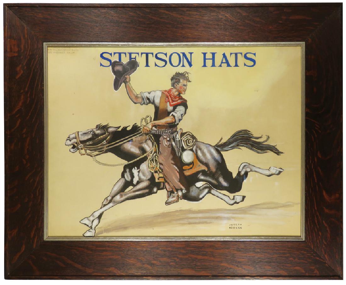 Joseph Noonan, Original Advertising Art for Stetson: Joseph Noonan (1906-1982) Original Advertising Art for Stetson Hats. Small tear top right. Framed under glass in period oak. 26 X 20 inches.